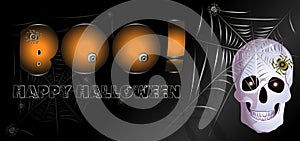 Skilet, spider web, spider, inscription boo on a black background.